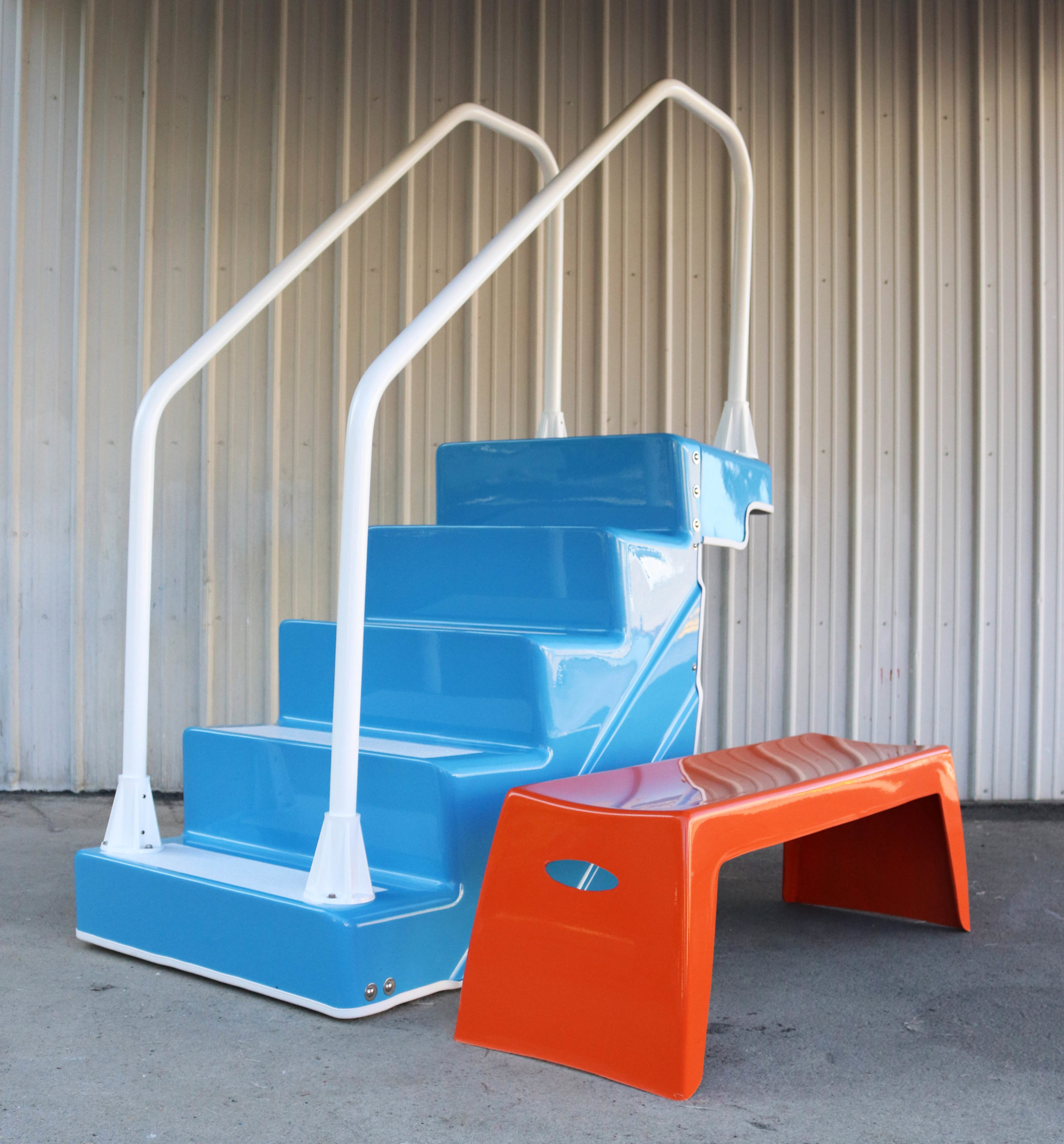 ADA Pool Stairs and 4' Easy Stack Bench in Orange