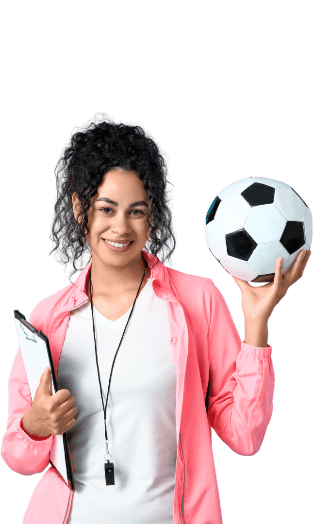 Coach holding a clipboard and soccer ball