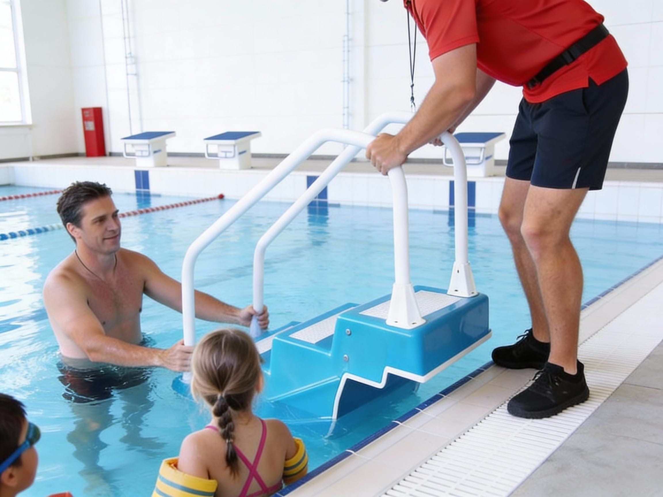 Instructor setting up an EasyRec ADA pool stair for swimmers