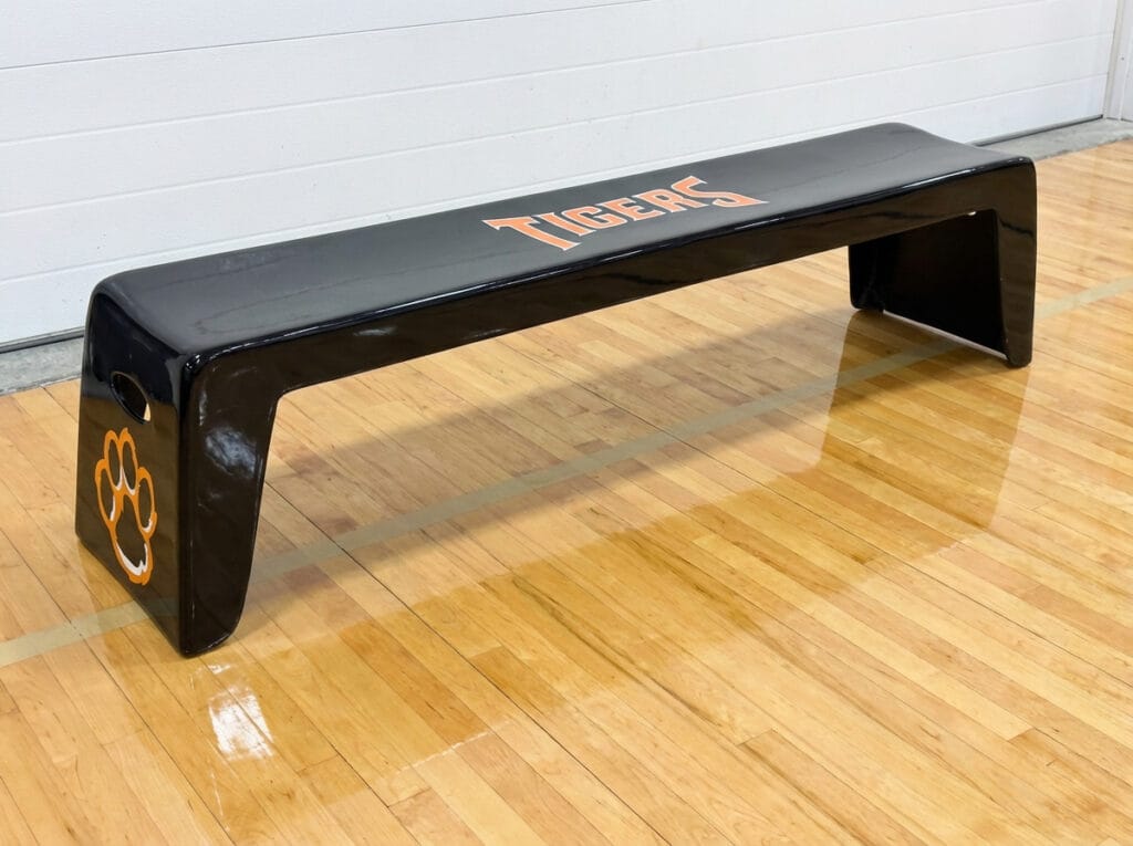 Black Easy Stack Bench with Tigers team graphics on a gym floor