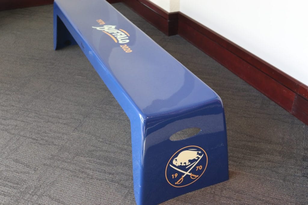 Blue Easy Stack Bench with custom Buffalo 1970-2020 anniversary graphics