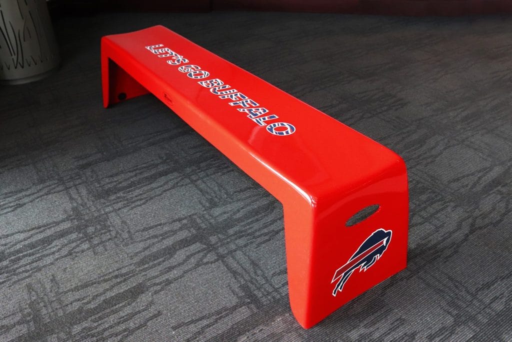 Red Easy Stack Bench with custom Let's Go Buffalo team graphics